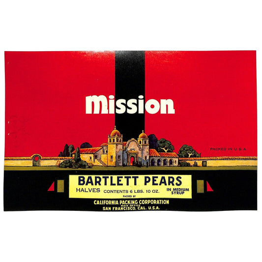 1941 Paper Fruit Can Label Mission Brand Bartlett Pears Halves - VGC Scarce