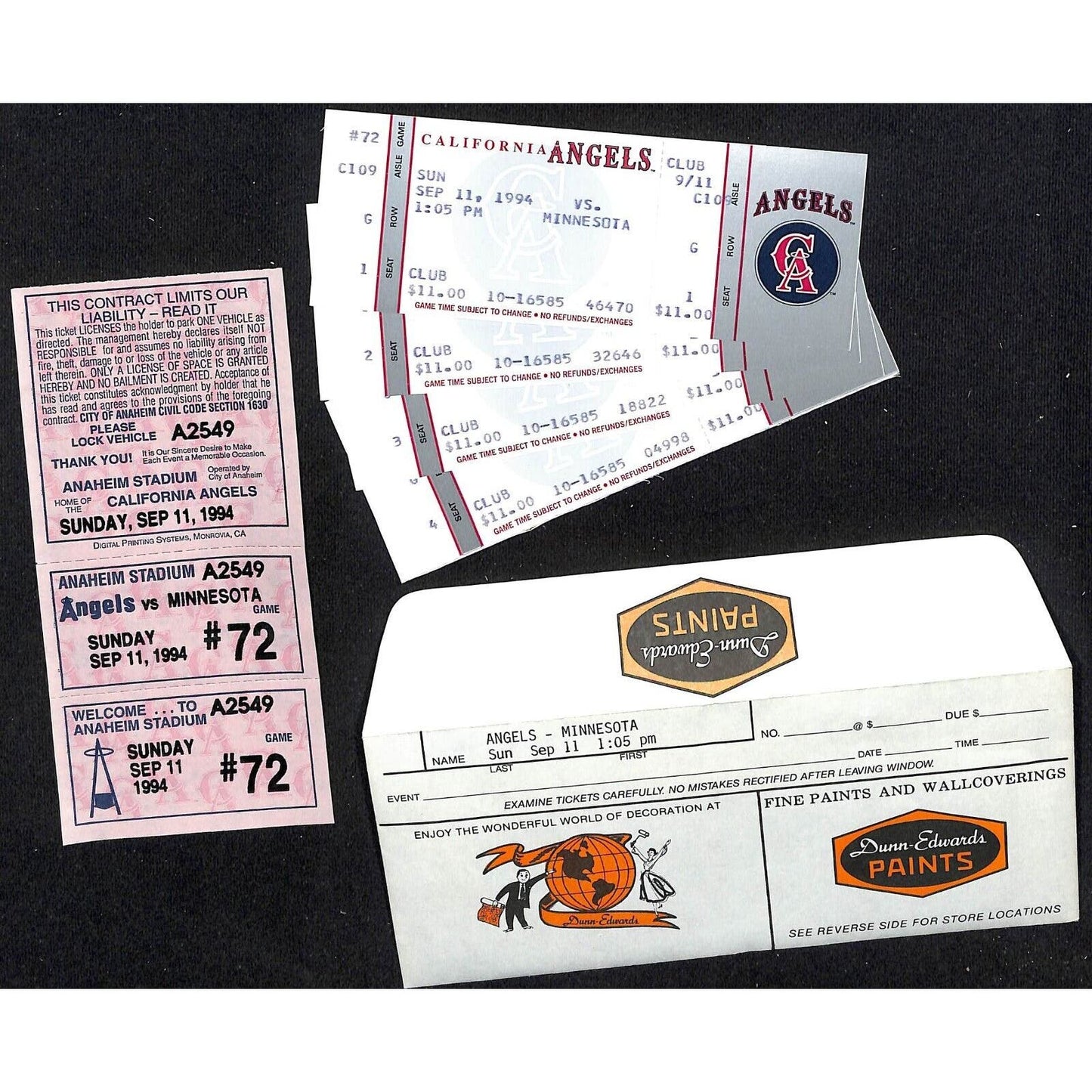 California Angels Tickets - 4 Unused 9/11/94 Strike - Game Not Played