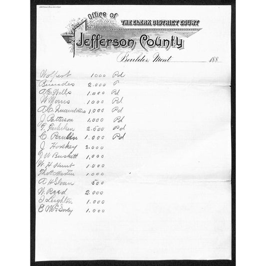 Boulder Montana Jefferson County Clerk District Court - 1880's Letterhead