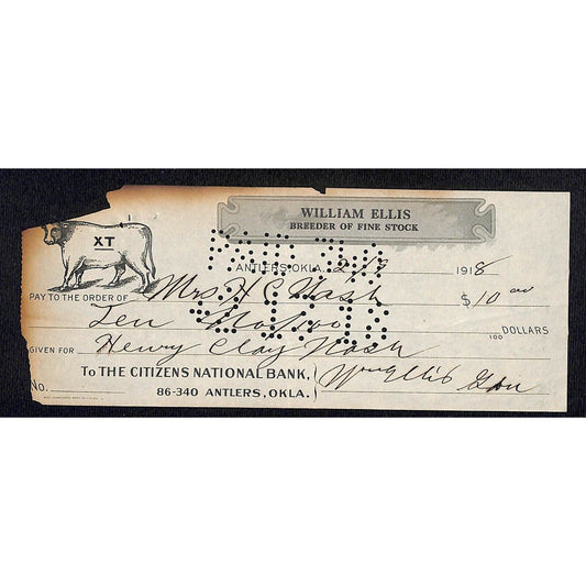 Antlers, OK 1918 William Ellis Breeder / Henry Clay Nash Bank Check - Scarce