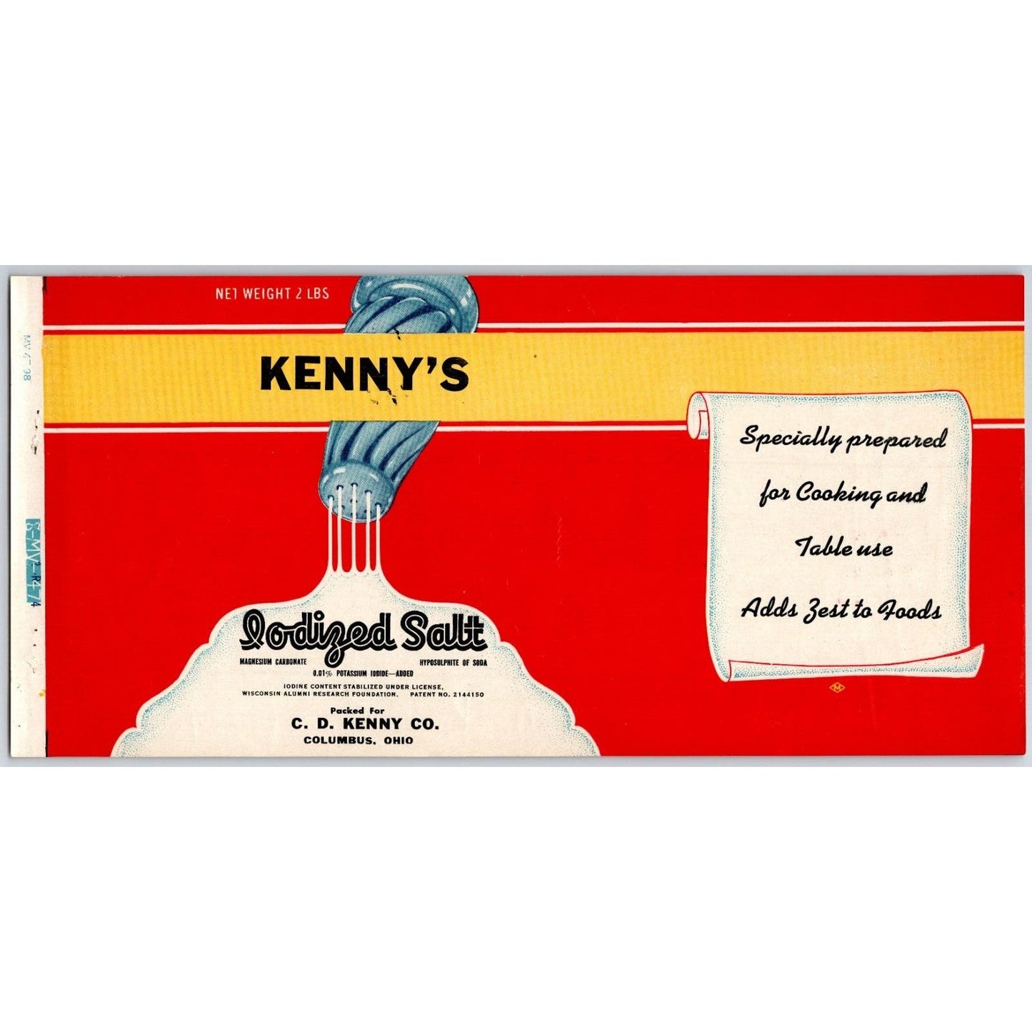 Kenny's Free Running Salt Paper Label 1948 CD Kenny Columbus, OH Scarce