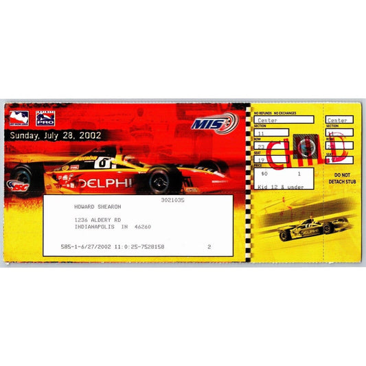2002 Michigan International Speedway Indy 400 Unused "Child" Ticket - Seat 19
