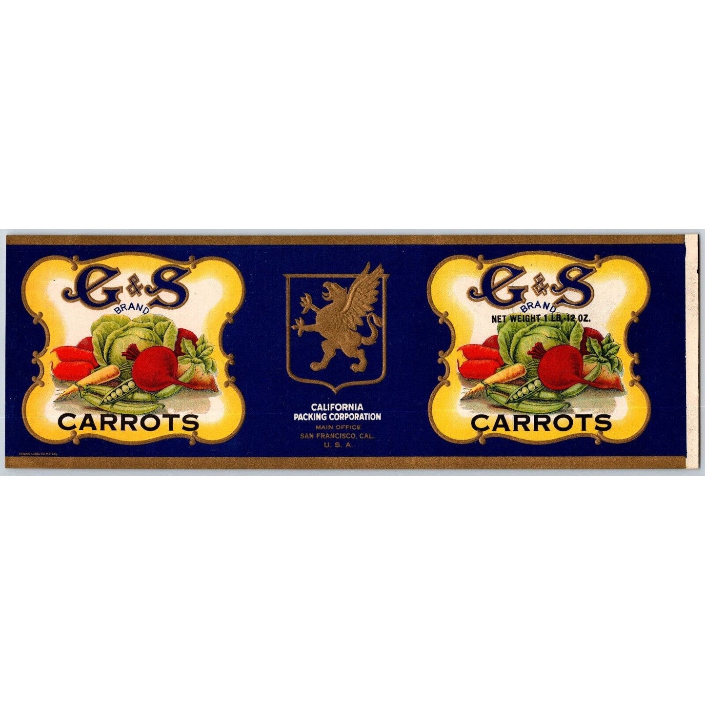 G & S Carrots w/ Gilt Griffon Paper Can Label Embossed c1920's-30's Scarce