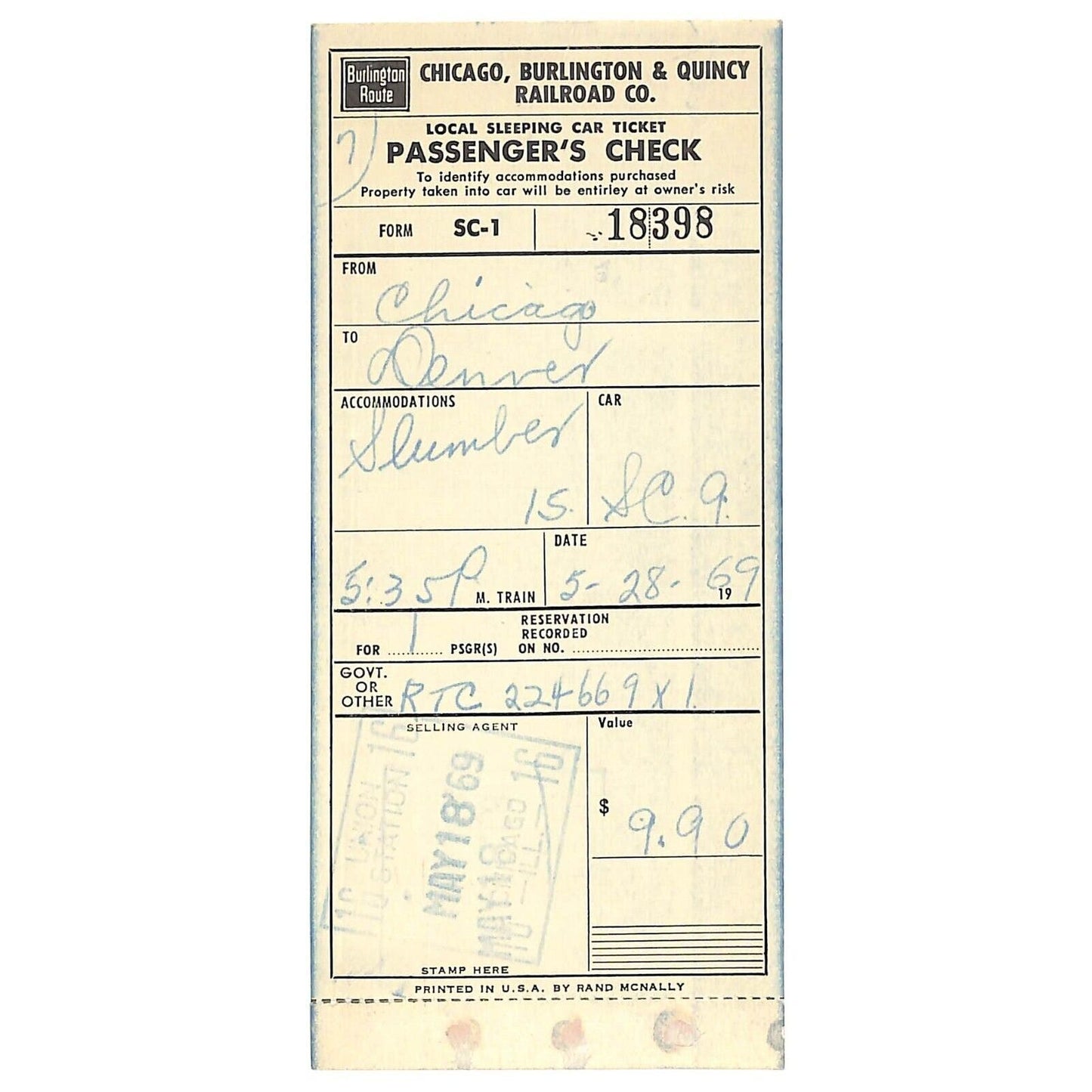 1969 Chicago, Burlington & Quincy Railroad Passenger Check to Denver