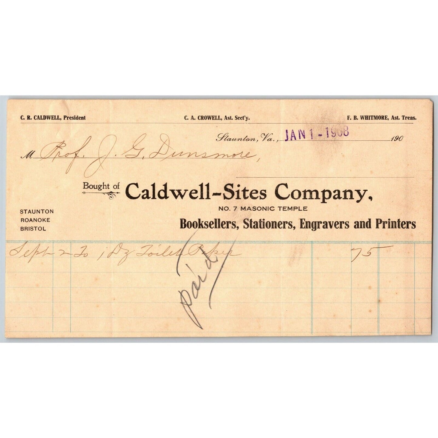 1908 Scarce Caldwell-Sites Stationers Billhead Letterhead Staunton, VA