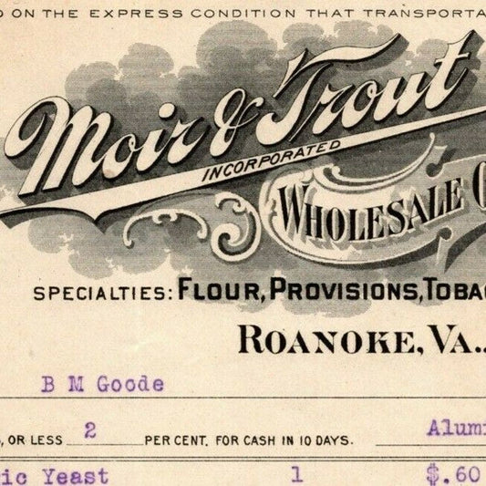 1907 Scarce Roanoke, VA Letterhead Moir & Trout Flour Tobacco Provisions Cigars