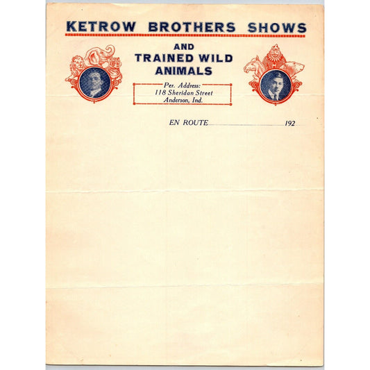 Ketrow Brothers Shows Trained Wild Animals Circus Letterhead c1920's Scarce