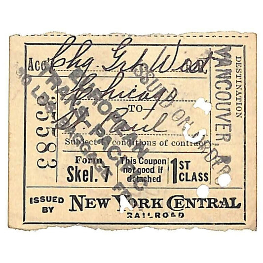New York Central Railroad Ticket 1923 Chicago St. Paul Vancouver Trans-Pacific