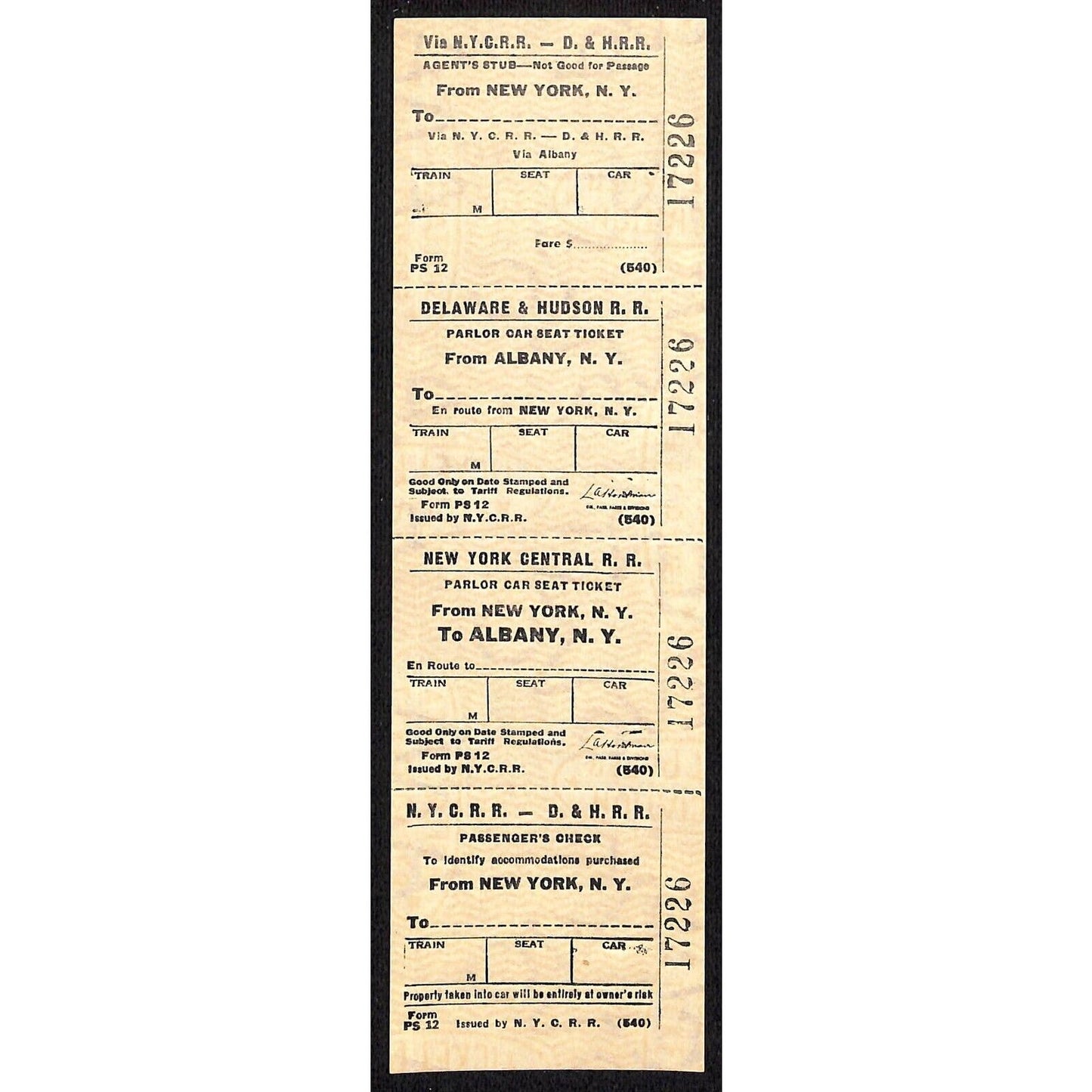 N.Y.C.R.R. - D. & H. R. R. New York / Albany SAMPLE Ticket c1960's Scarce #17226