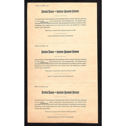 Detroit, Toledo and Ironton Railroad / c1949 Uncut Shipment Notice Postcards