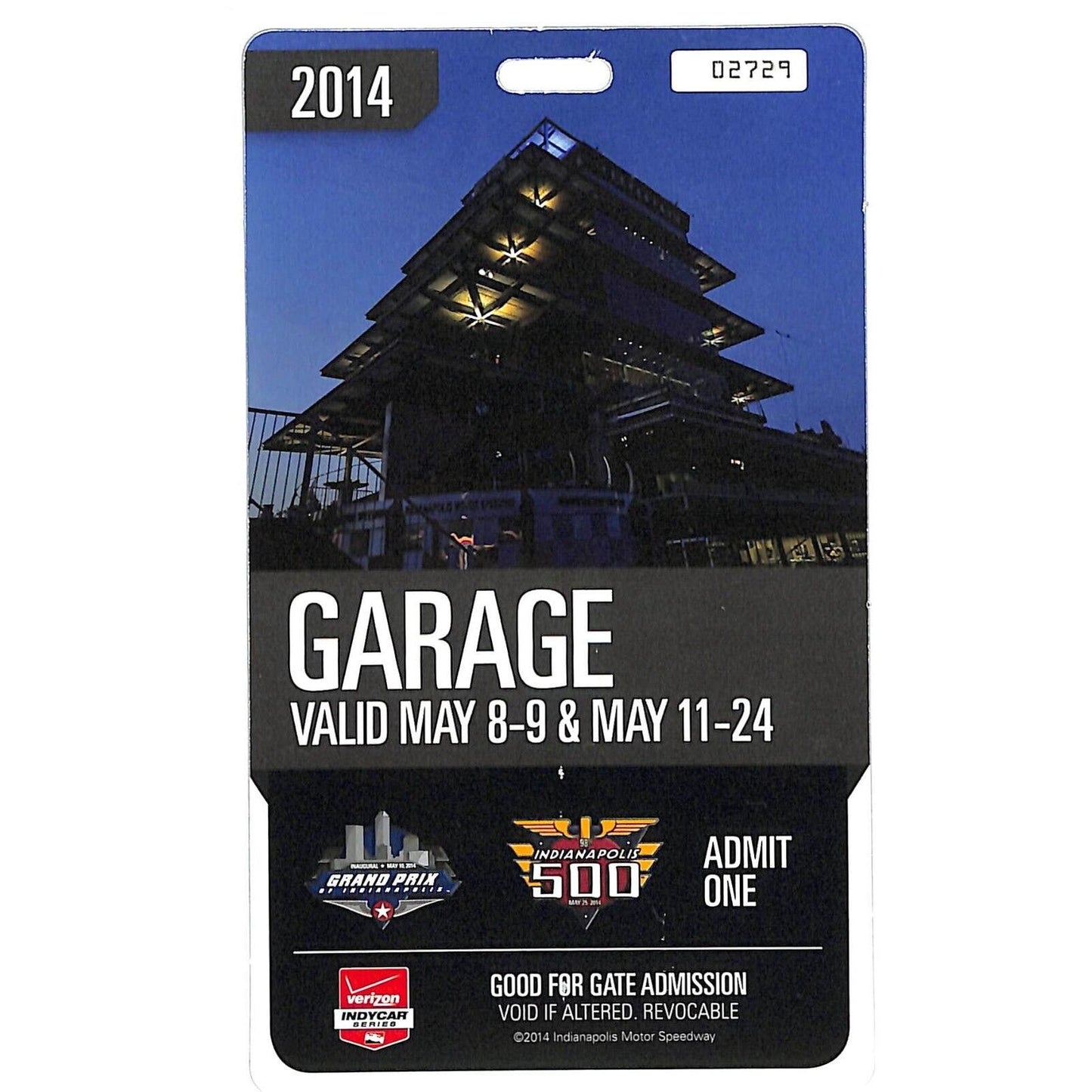 2014 Indy 500 Garage Access Ticket Pass Indianapolis IMS #02729 VGC
