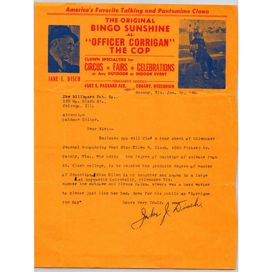 Jake J. Disch Bingo Sunshine Circus Letterhead Stationary c1948 Signed Scarce