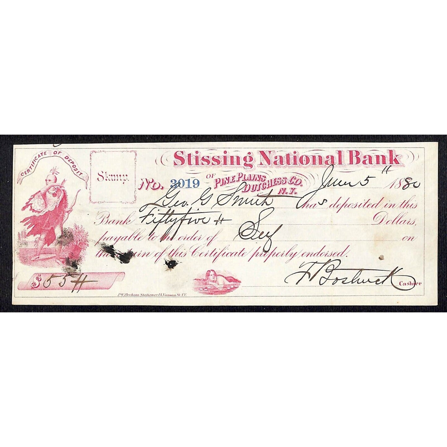 Pine Plains, NY Dutchess County Stissing National Bank Check $55 1880
