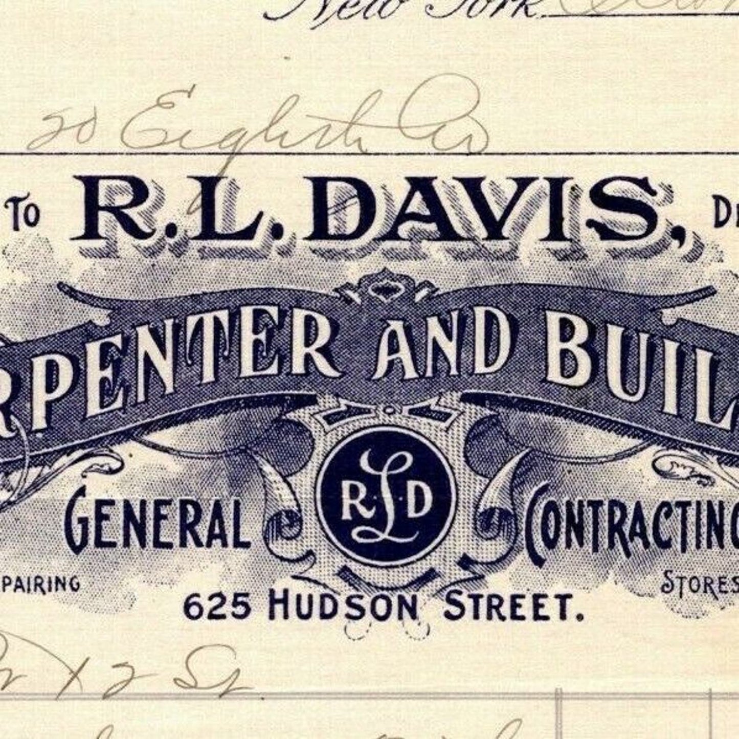 1905 "R. L. Davis, Carpenter and Builder" Billhead Letterhead Hudson St NYC
