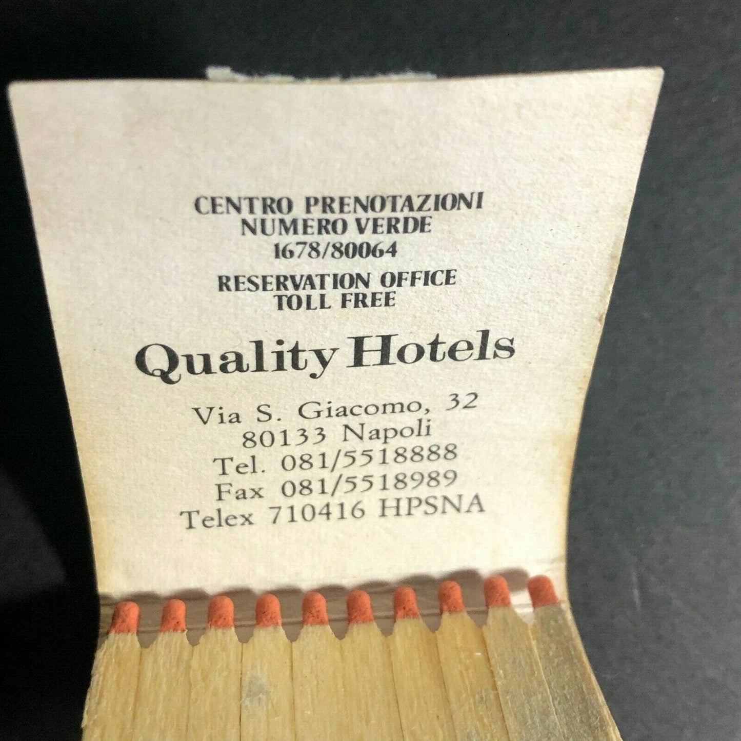 c1980's Full Matchbook Wooden Sticks Quality Hotels Napoli Italy