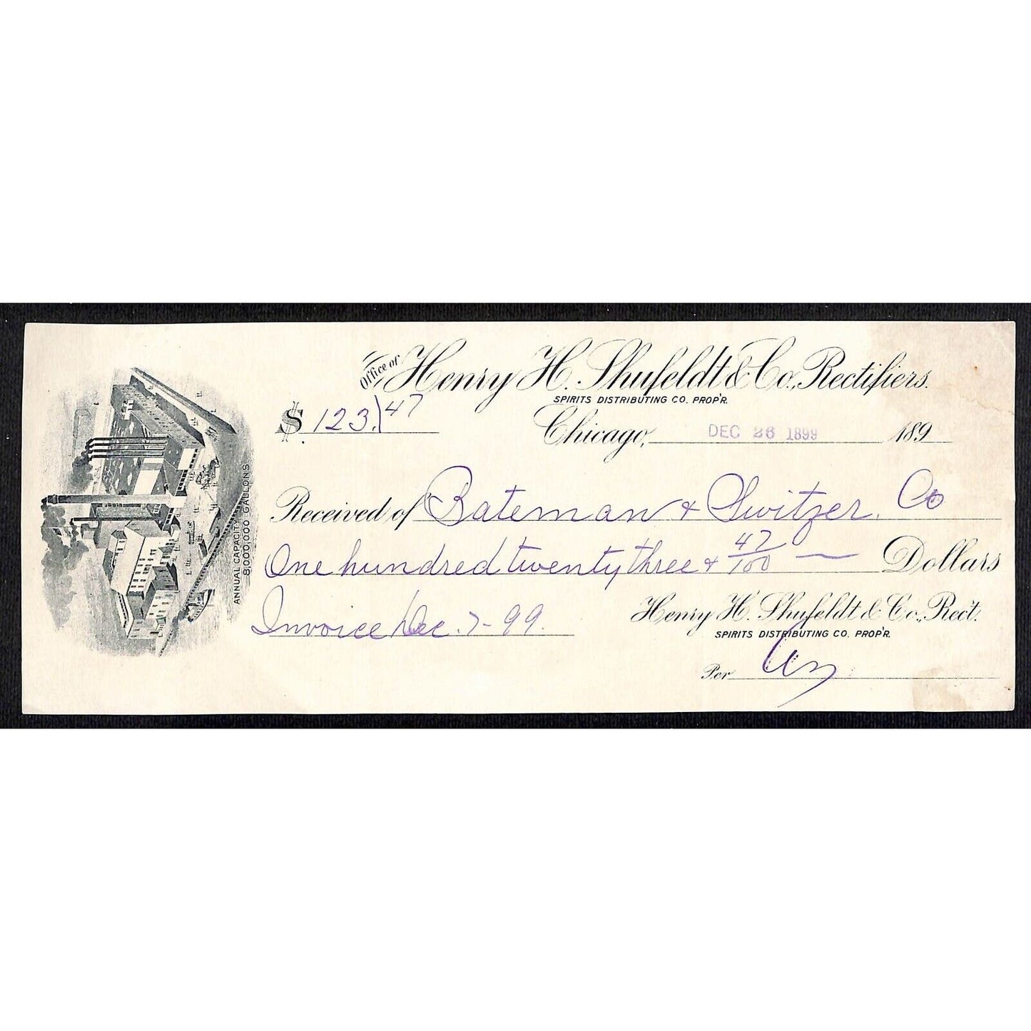 Chicago Henry H. Shufeldt & Co. Rectifiers (Liquor / Distillery) Bank Check 1899