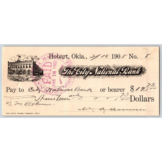 Hobart, OK 1908 City National Bank Check w/ Building Vignette