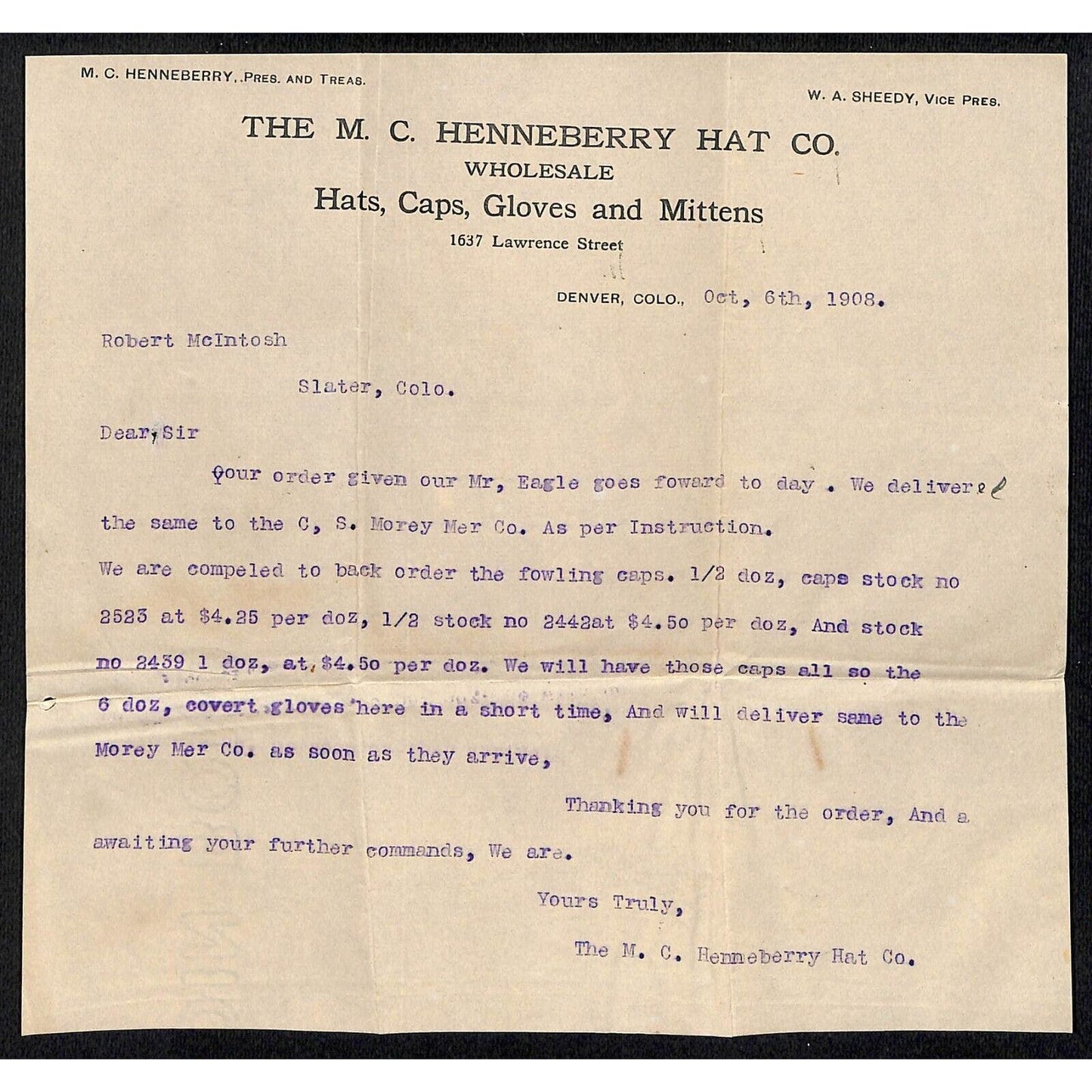 Denver, CO M.C. Henneberry Hat Co. Hats Caps Gloves Mittens 1908 letterhead