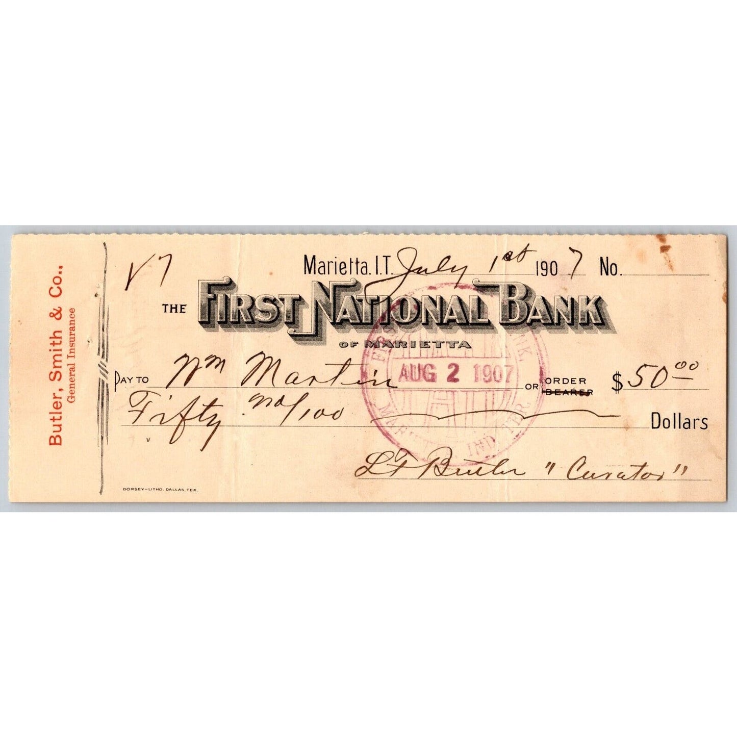Marietta, Oklahoma 1907 Indian Territory $50 Butler & Smith FNB Bank Check