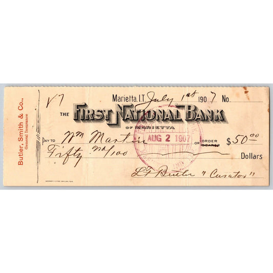 Marietta, Oklahoma 1907 Indian Territory $50 Butler & Smith FNB Bank Check