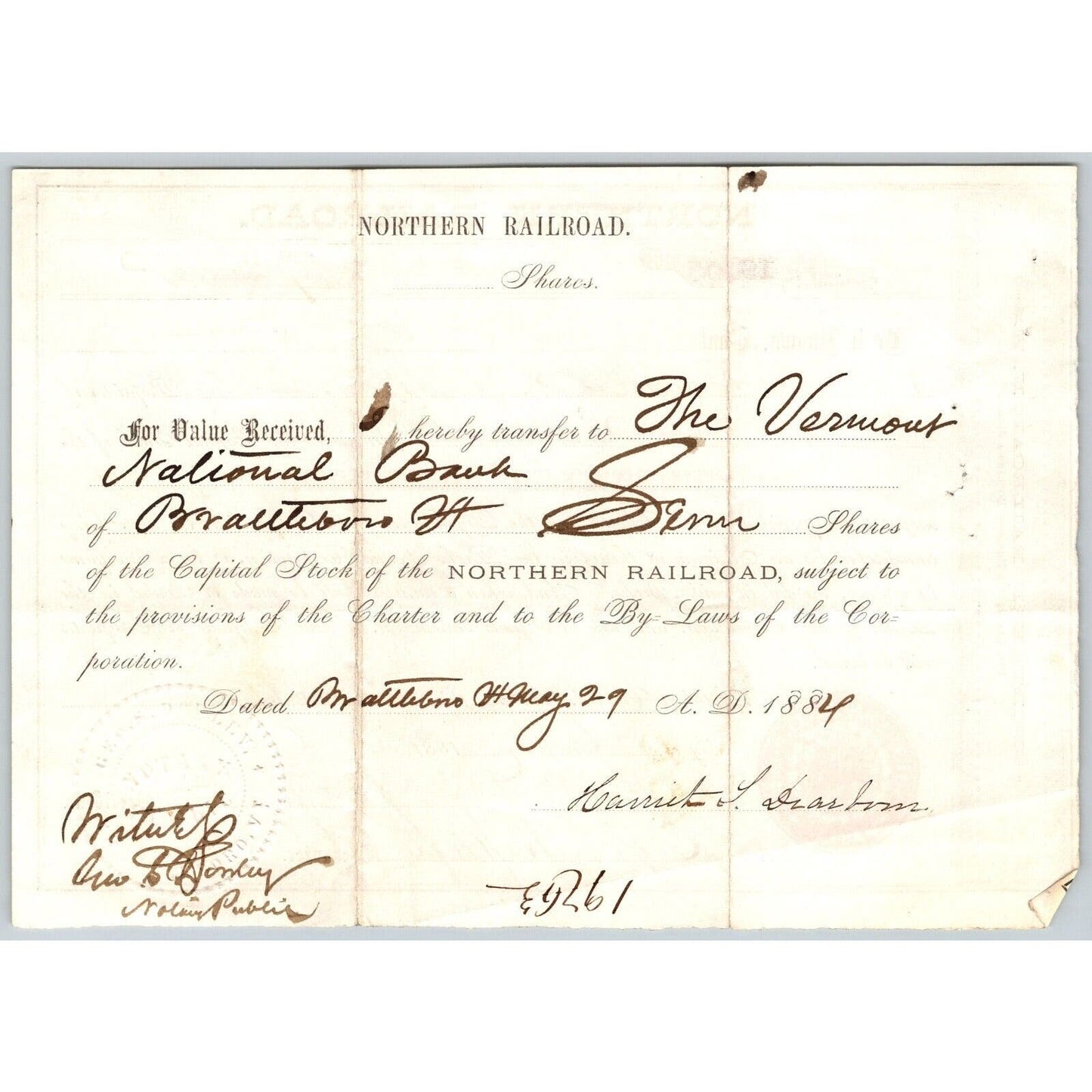 1881 Concord, NH Northern Railroad Stock Certificate No. 19105 for 7 Shares