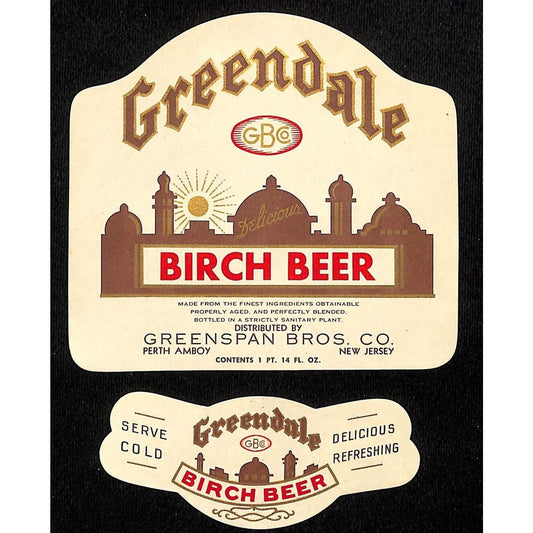 Greendale Birch Beer Soda Paper Label Set Greenspan Perth Amboy, NJ c1930's