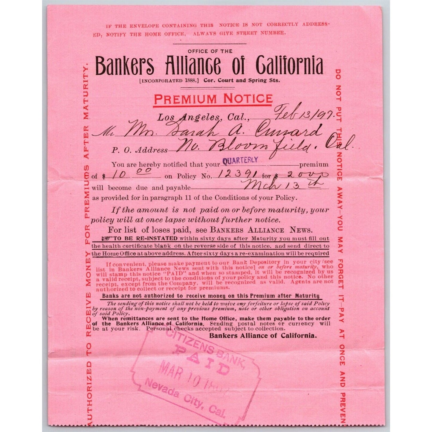 1897 Ex Civil War Soldier Document - Bankers Alliance Life Ins. Premium Notice