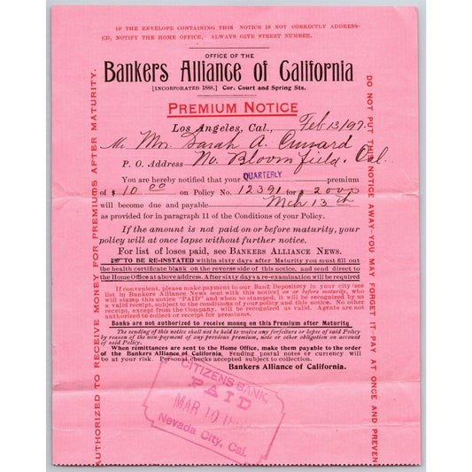 1897 Ex Civil War Soldier Document - Bankers Alliance Life Ins. Premium Notice