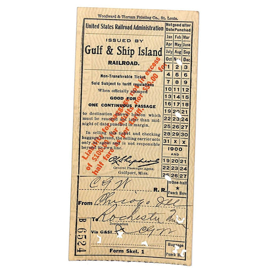 Gulf & Ship Island Railroad Ticket 1925 Chicago to Rochester, MINN Scarce
