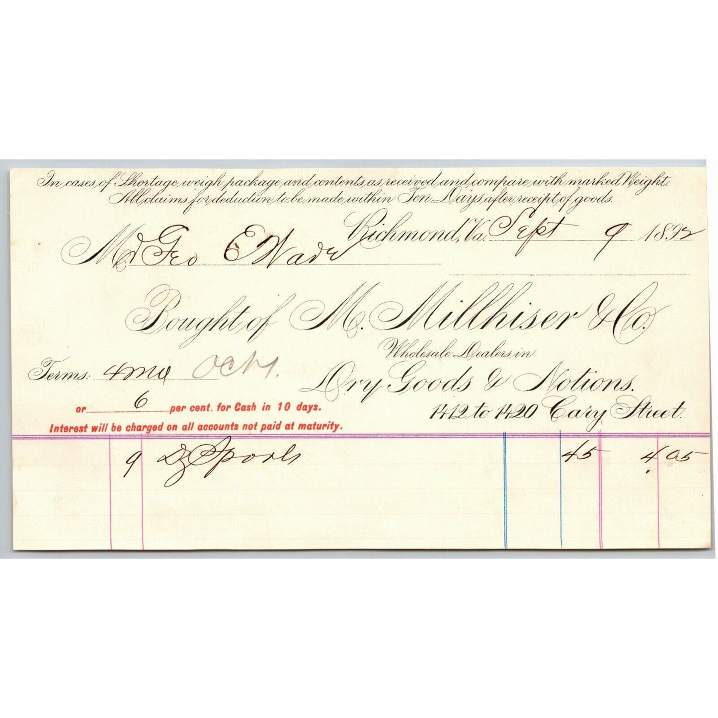 M. Millhiser & Co. Dry Goods Notions Richmond VA Letterhead to Geo. E. Wear 1898