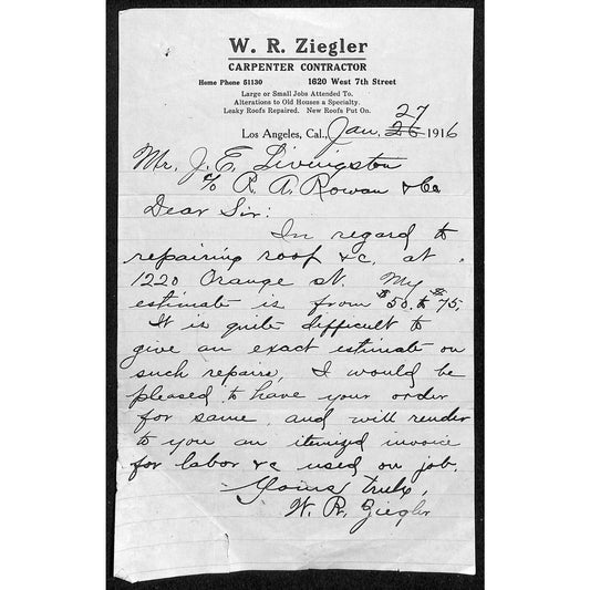 W.R. Ziegler Carpenter Contractor 1916 Billhead Letterhead - R.A. Rowan