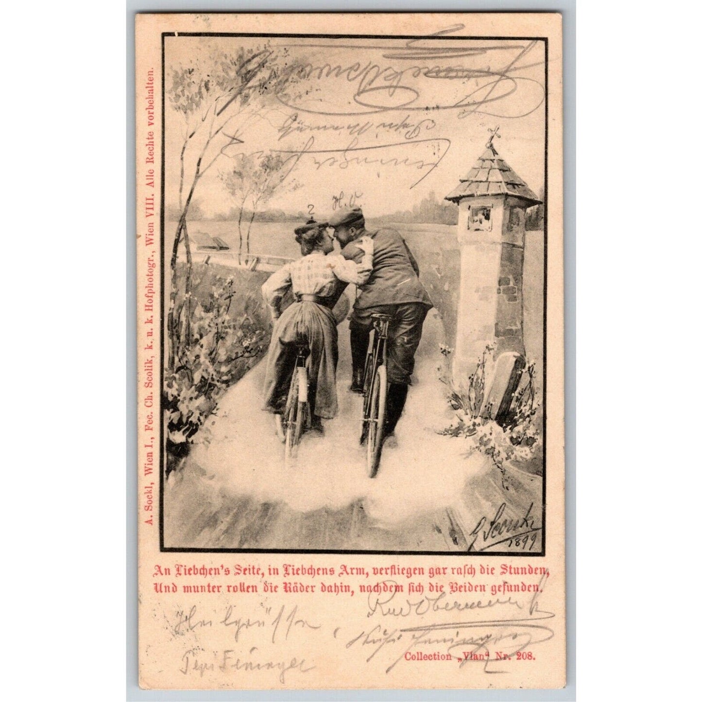 Vintage Romantic German Postcard c1900 Couple on Bicycles "An Liebdjen Seite"