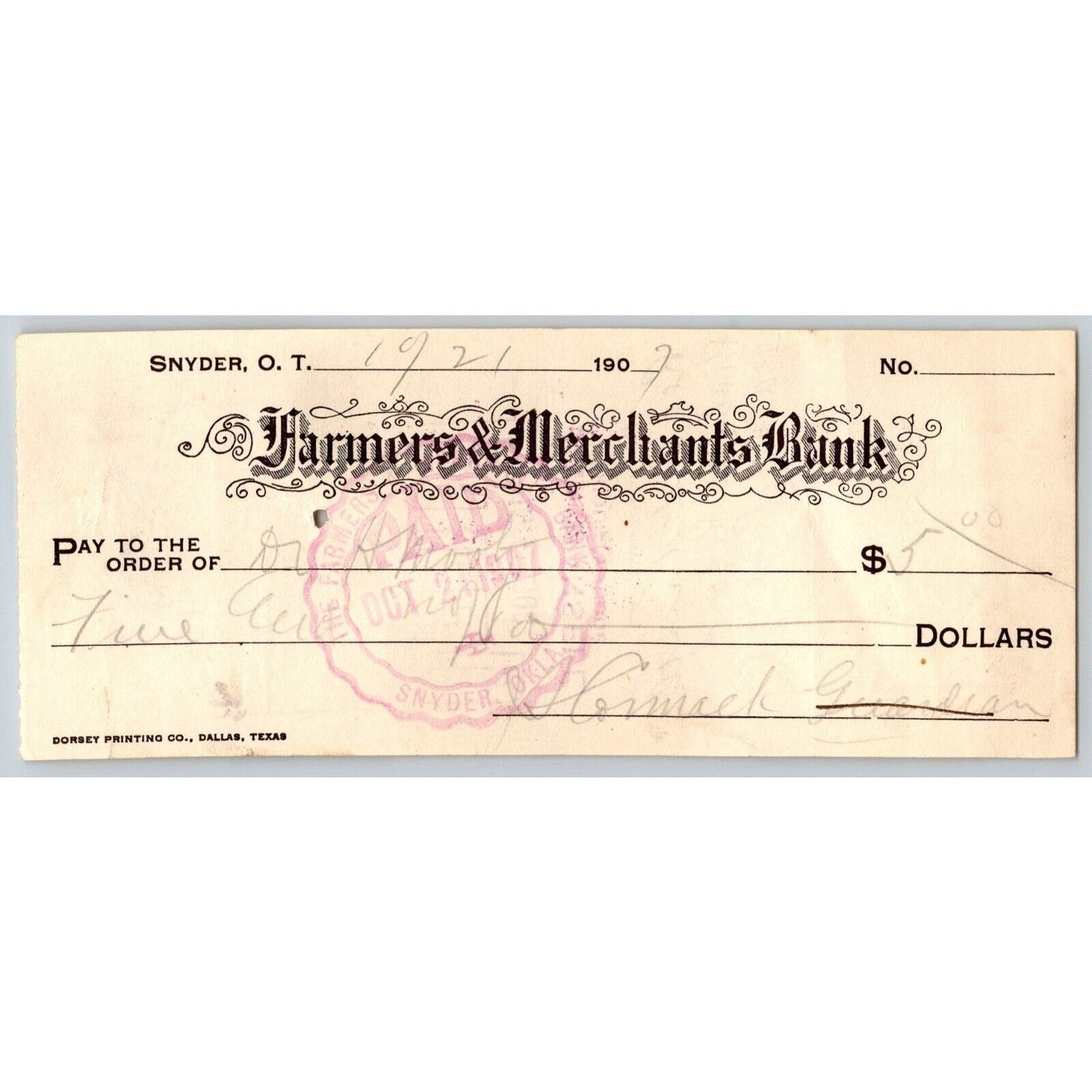 Snyder, Oklahoma Territory 1907 Farmers and Merchants Bank Check Judgement?