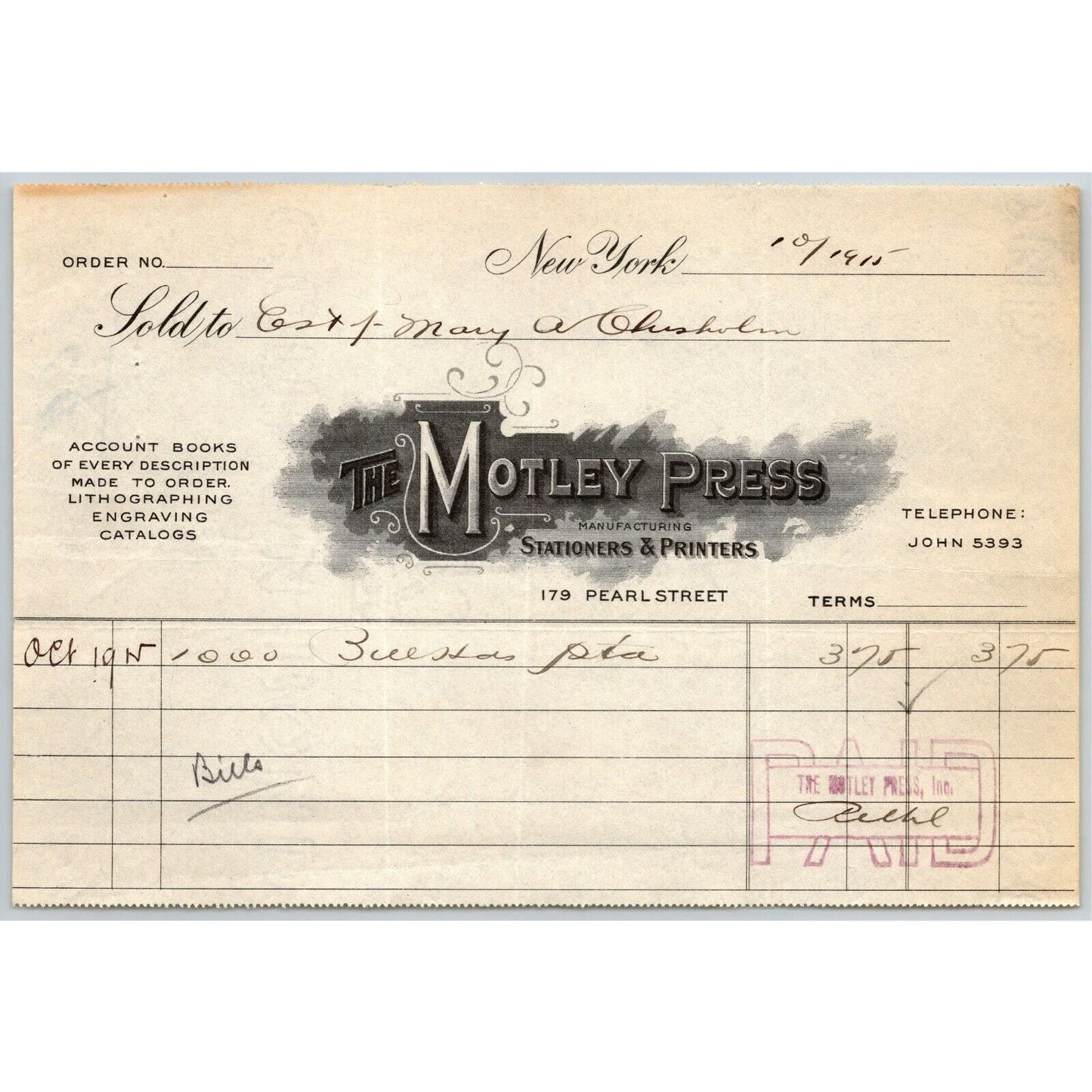 1915 "The Motley Press, Stationers & Printers" Billhead Letterhead Pearl St. NYC