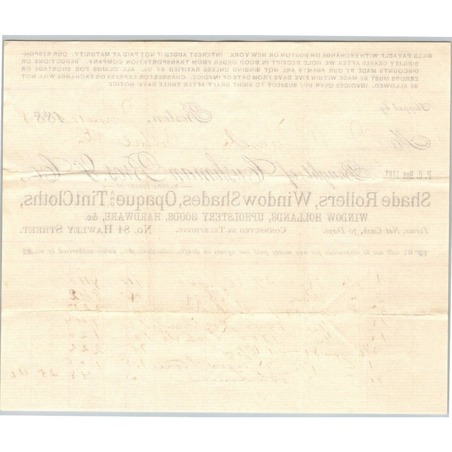 Boston, MA Cushman Bros. Tint Cloths 1888 Billhead JP Marsh Bethel, VT Scarce
