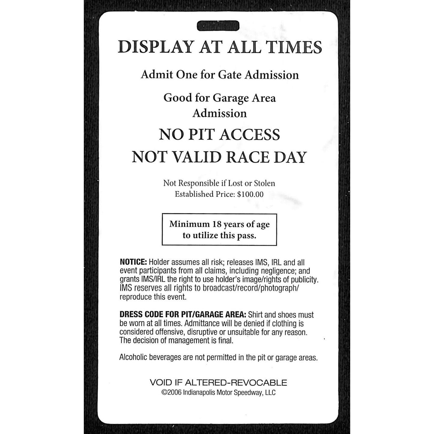 2006 Indy 500 Garage Access Ticket Pass Indianapolis IMS #2201 VGC