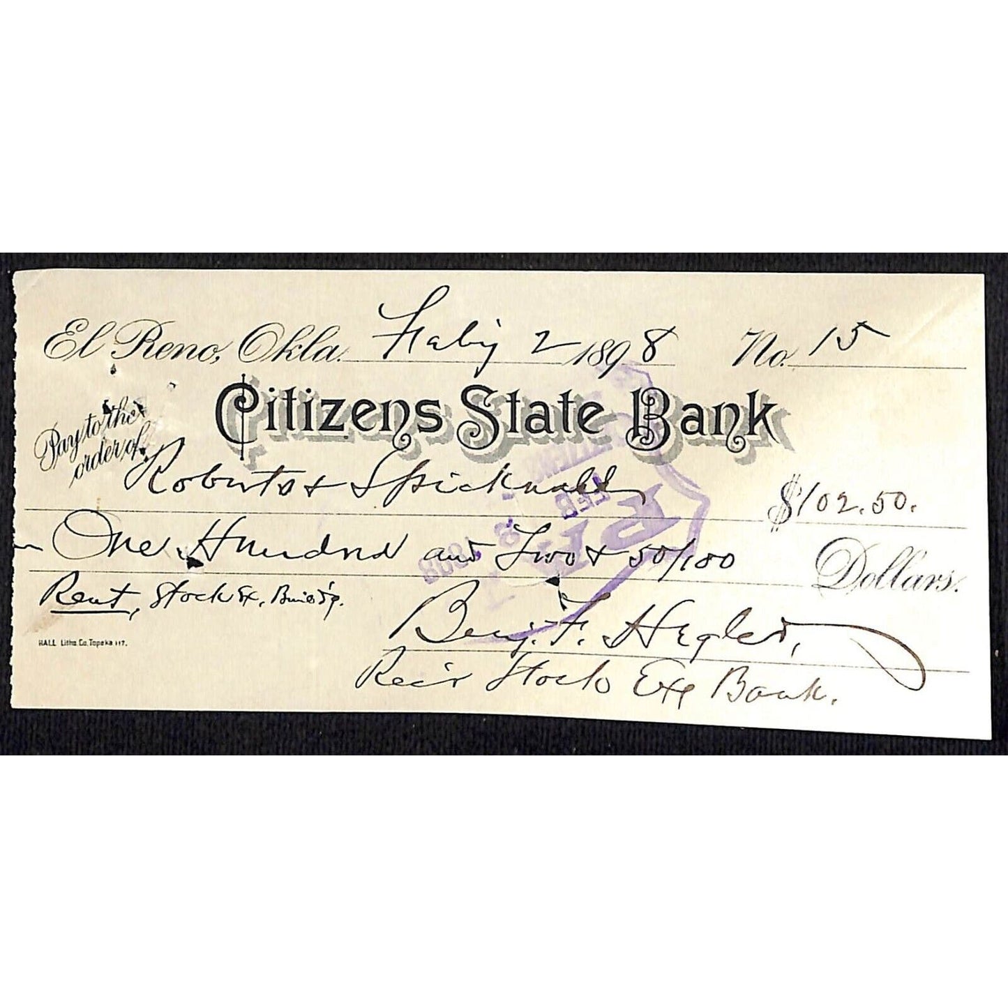 El Reno, OK 1898 Territorial "Roberts & Spicknall" Bank Check - Scarce
