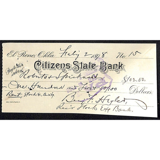 El Reno, OK 1898 Territorial "Roberts & Spicknall" Bank Check - Scarce