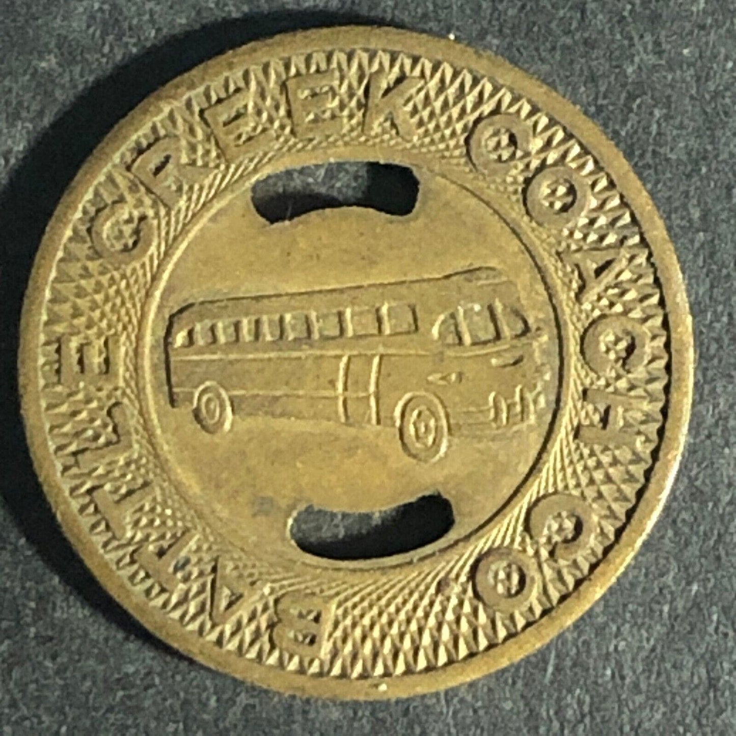 Battle Creek Coach Co. G/F One School Fare Brass Bus Token 16.42mm Very Scarce