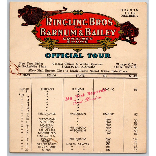 1949 Ringling Bros Barnum Bailey Circus Route Card Chicago Milwaukee Madison
