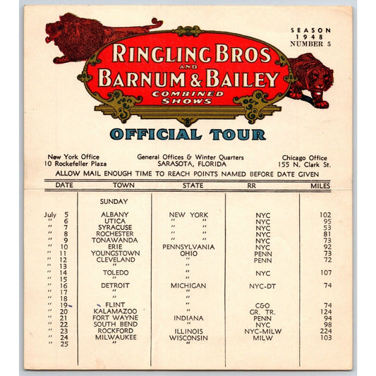 1948 Ringling Bros Barnum Bailey Circus Route Card Albany Utica Syracuse Erie