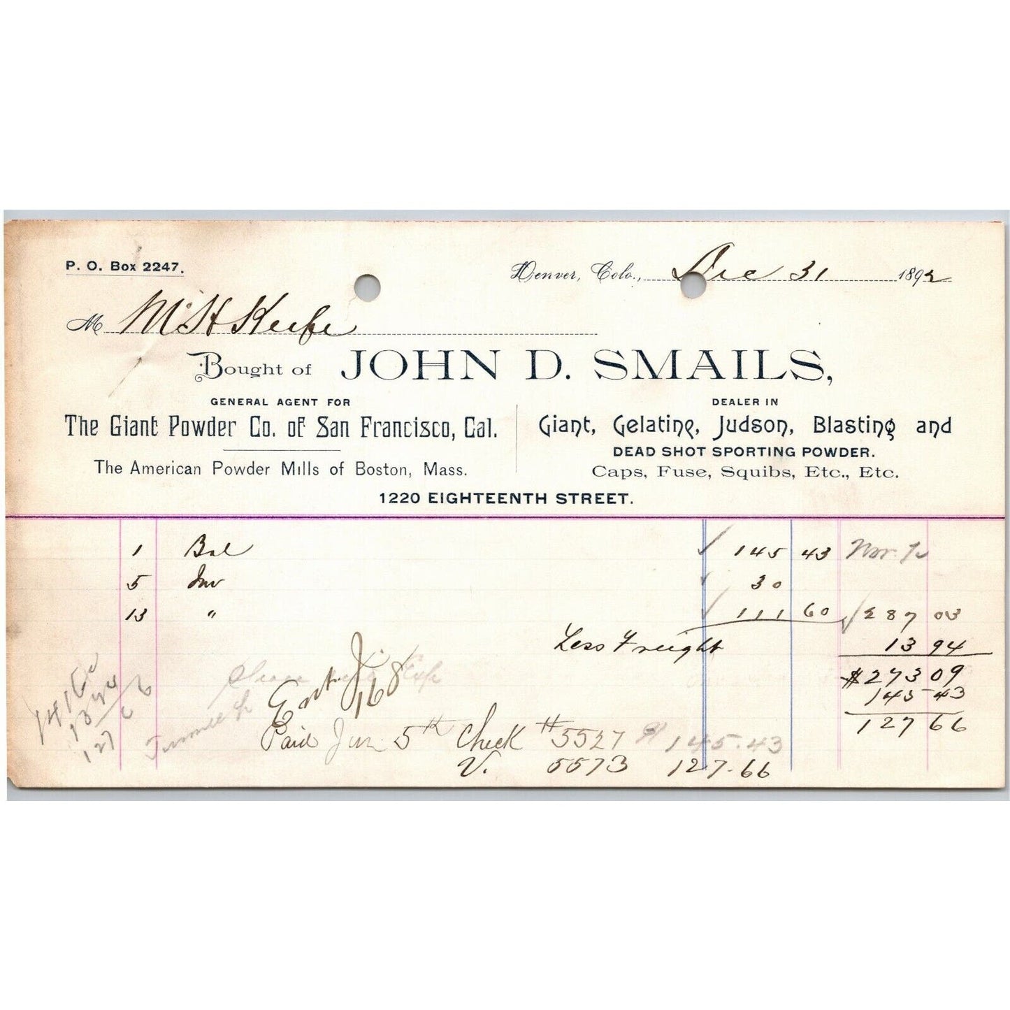 1892 Denver, CO John D. Smails Giant Powder Fuse Caps Letterhead -- M.H. Keefe