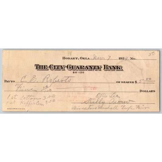 Hobart, Oklahoma 1924 City Guaranty Bank Check
