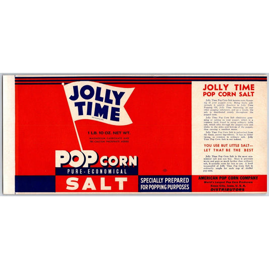 Jolly Time Pop Corn Salt Paper Label c1945 American Pop Corn Co. Scarce