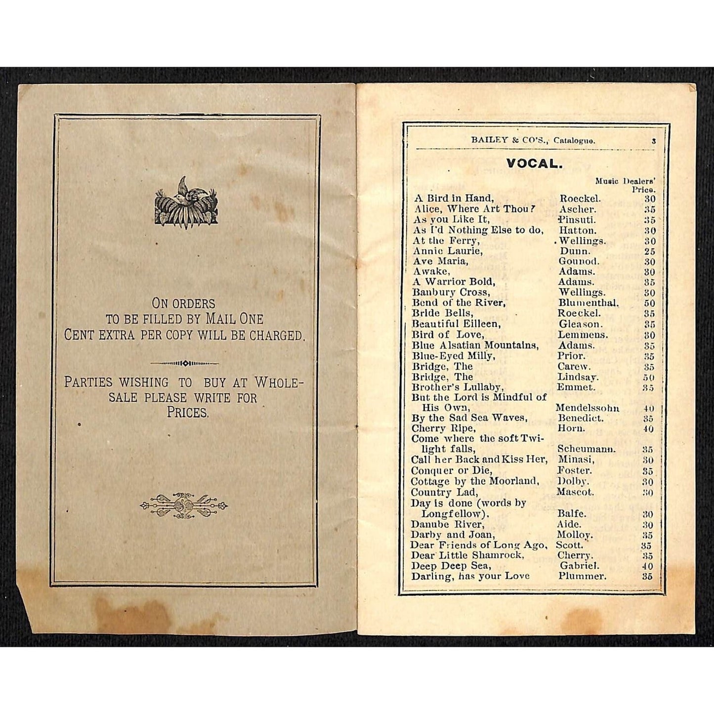 Bailey & Co's. Boston "Select Catalogue of Music" 19pp c1885 E.A. Bryant Printer