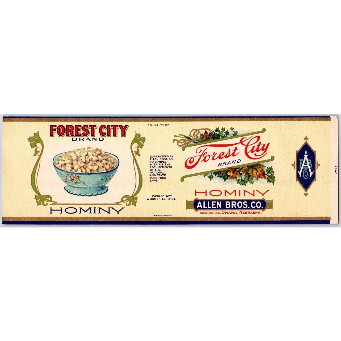 Forest City Hominy Paper Can Label Allen Bros. Omaha c1910's-20's VGC Scarce