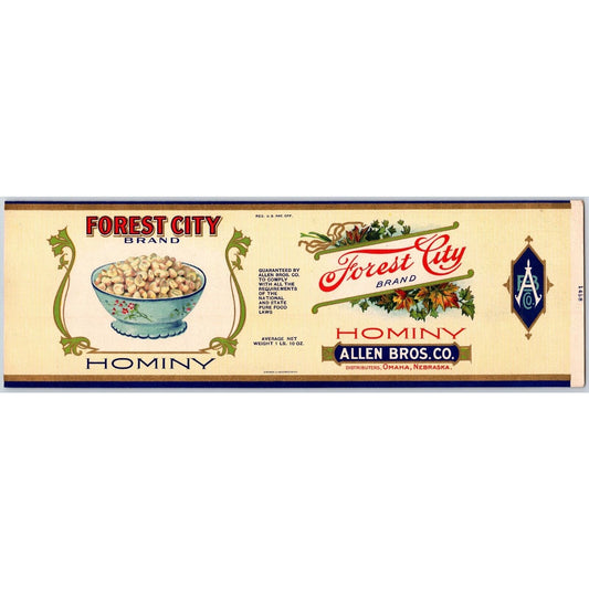 Forest City Hominy Paper Can Label Allen Bros. Omaha c1910's-20's VGC Scarce