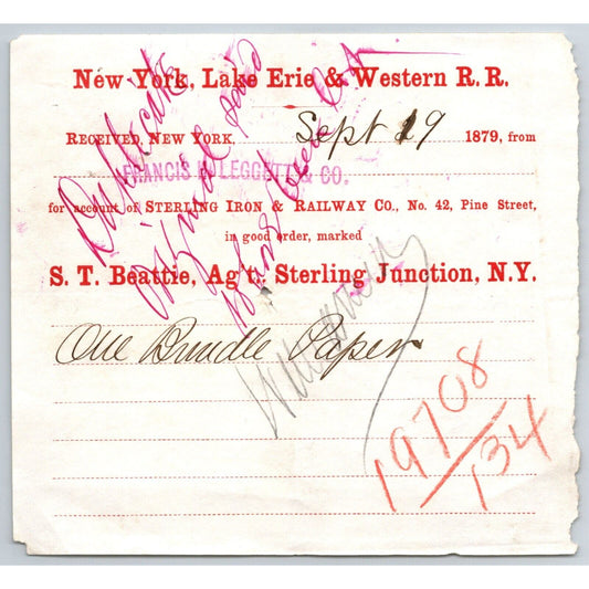 New York, Lake Erie & Western R.R. 1879 Railroad Freight Billhead Bundle Paper