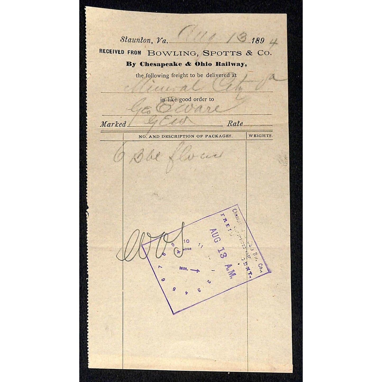 1893 Scarce Bowling, Spotts Chesapeake R.R. Freight Billhead Letterhead Flour