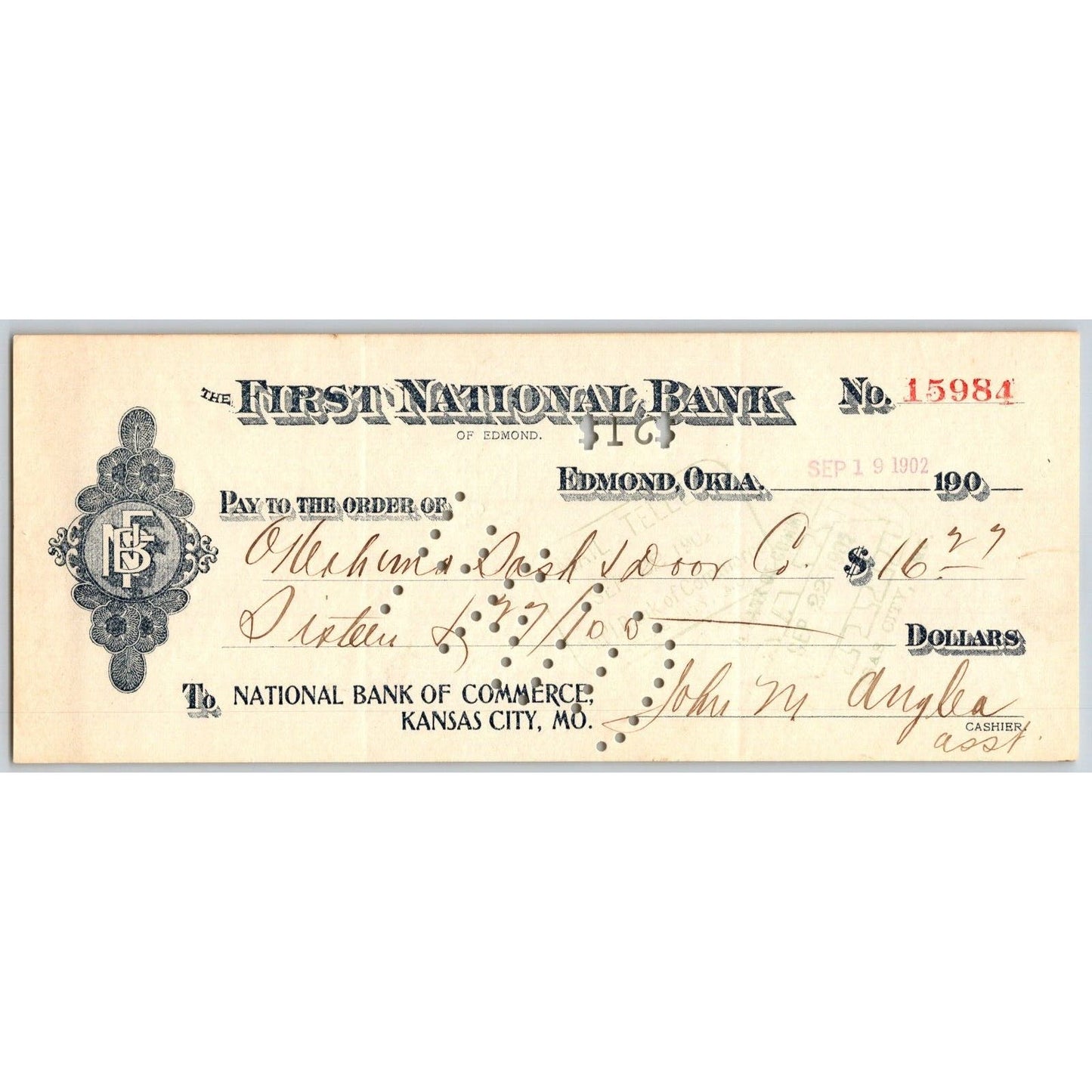 Edmond, OK 1902 Territorial Oklahoma Sash & Door Co. FNB Check - Scarce